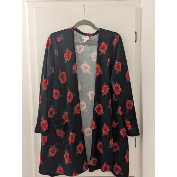LuLaRoe Womens Black Open-Front Cardigan With Red Rose Print Size L Polyester - Picture 1 of 4